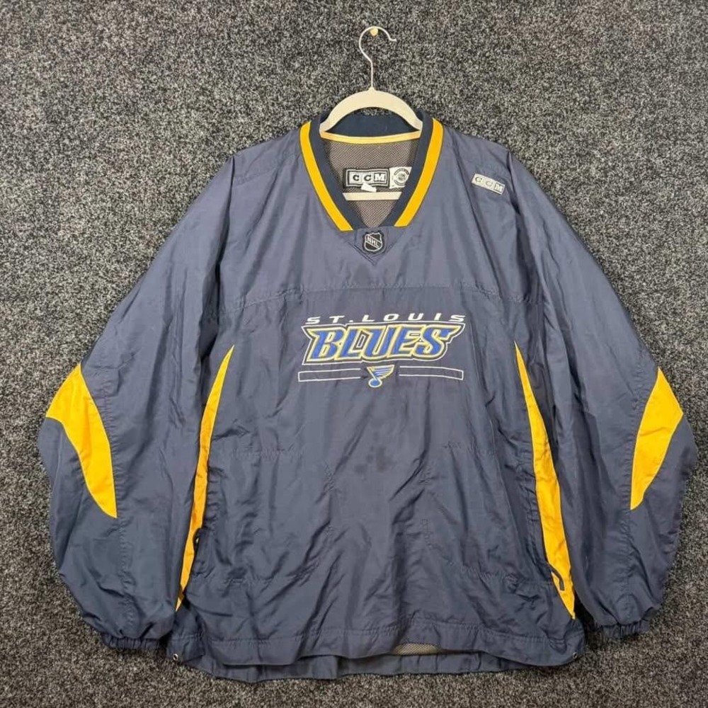 Vintage 90s St. Louis Blues CCM Pullover Windbreaker Navy Blue Yellow XL NHL